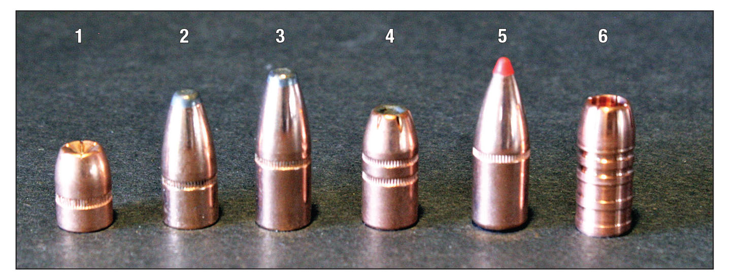 The test bullets varied considerably in how much shank was seated below the crimping groove. The bullets are arranged in order from the shortest shank to the longest: (1) Speer 125-grain Gold Dot, (2) Speer 180 Hot-Cor, (3) Speer 220 Hot-Cor, (4) Hornady 180 XTP, (5) Hornady 200 FXP, (6) Cutting Edge 140-grain Raptor.